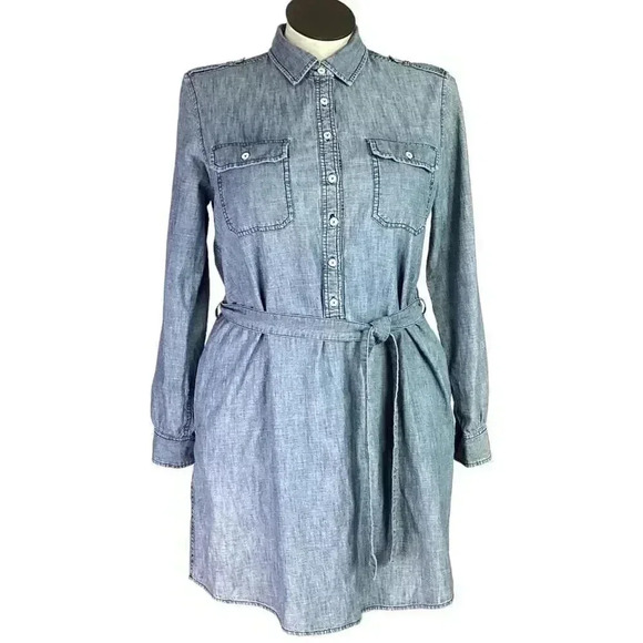 Gap Y2K 90s Women L Denim Dress Blue Cotton Half Button Long Sleeves Pockets VTG - Picture 1 of 9